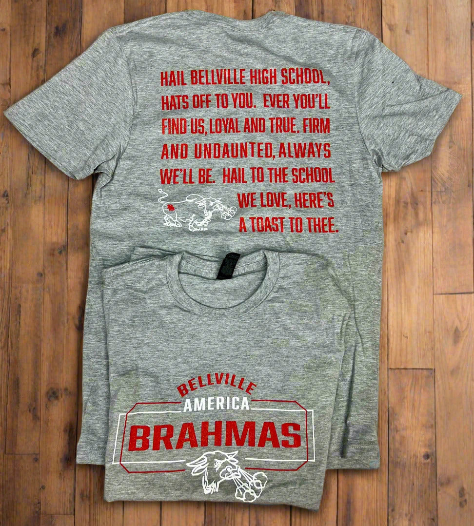 Gray t-shirt with red text and graphics on a wooden surface