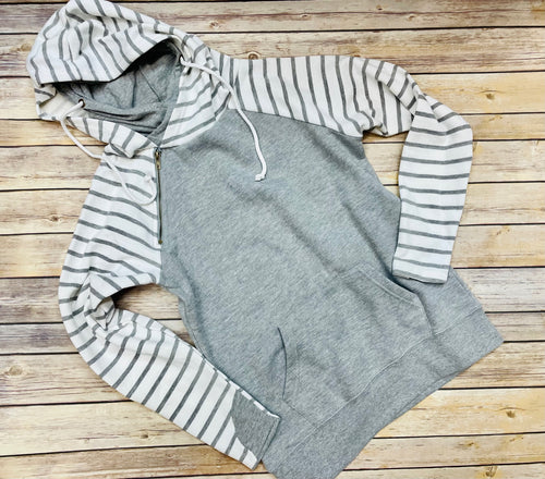 Ladies Stripe Sleeve Double Hood Pullover